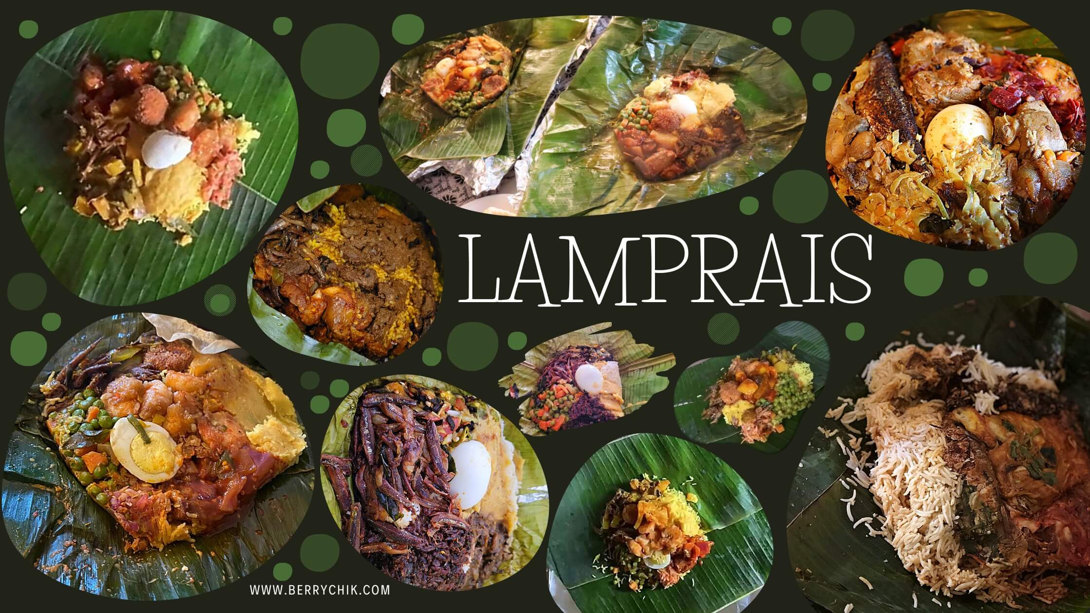 many images in bubbles featuring different typs of unwrapped lamprais