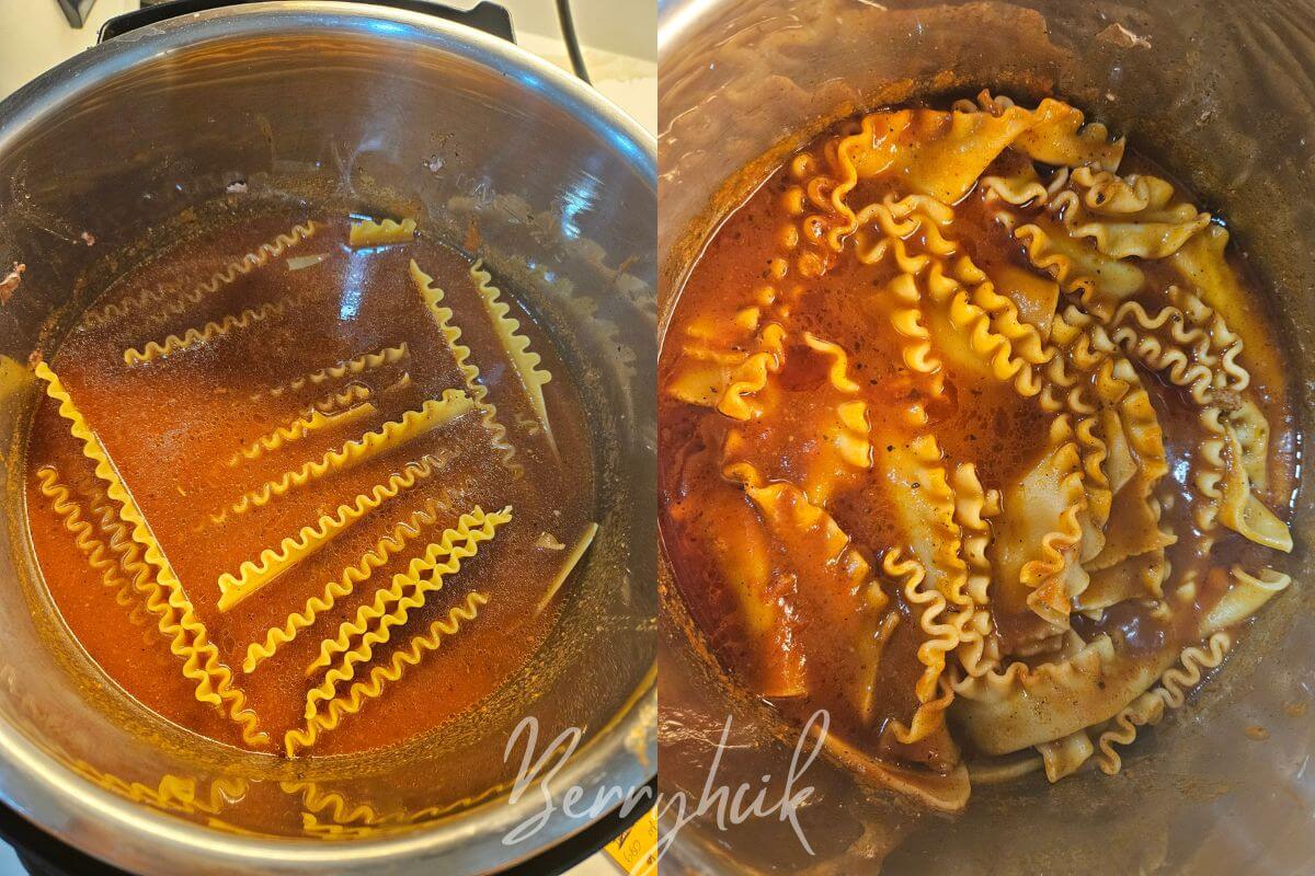 lasagna before and after image in an instant pot