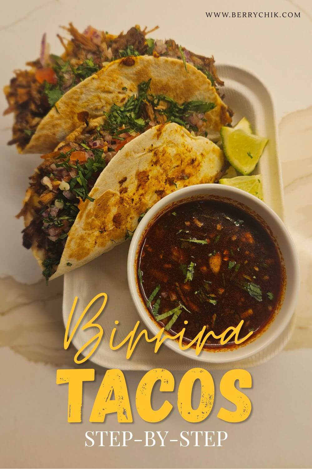 Plated birria tacos with consommé on the side, garnished with cilantro and onion.