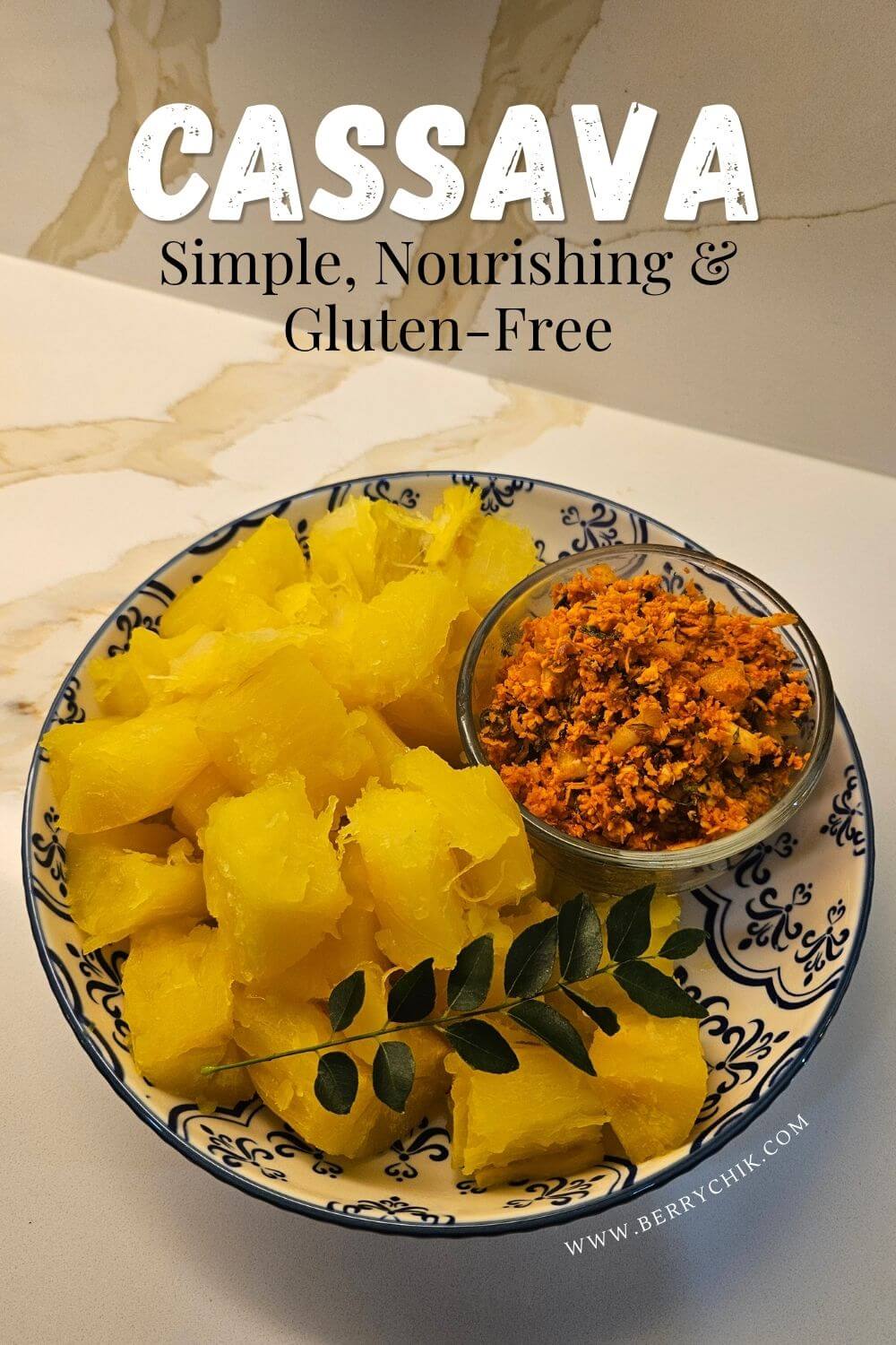 Pinterest pin showing boiled cassava with coconut sambal.