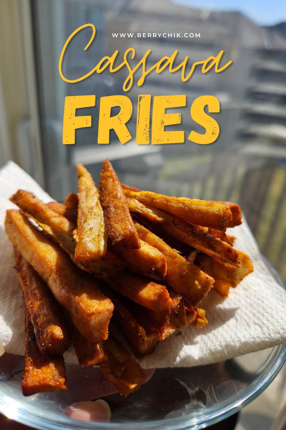 pin image of Deep‑fried cassava fries is looking golden and crispy and plated ready to enjoy