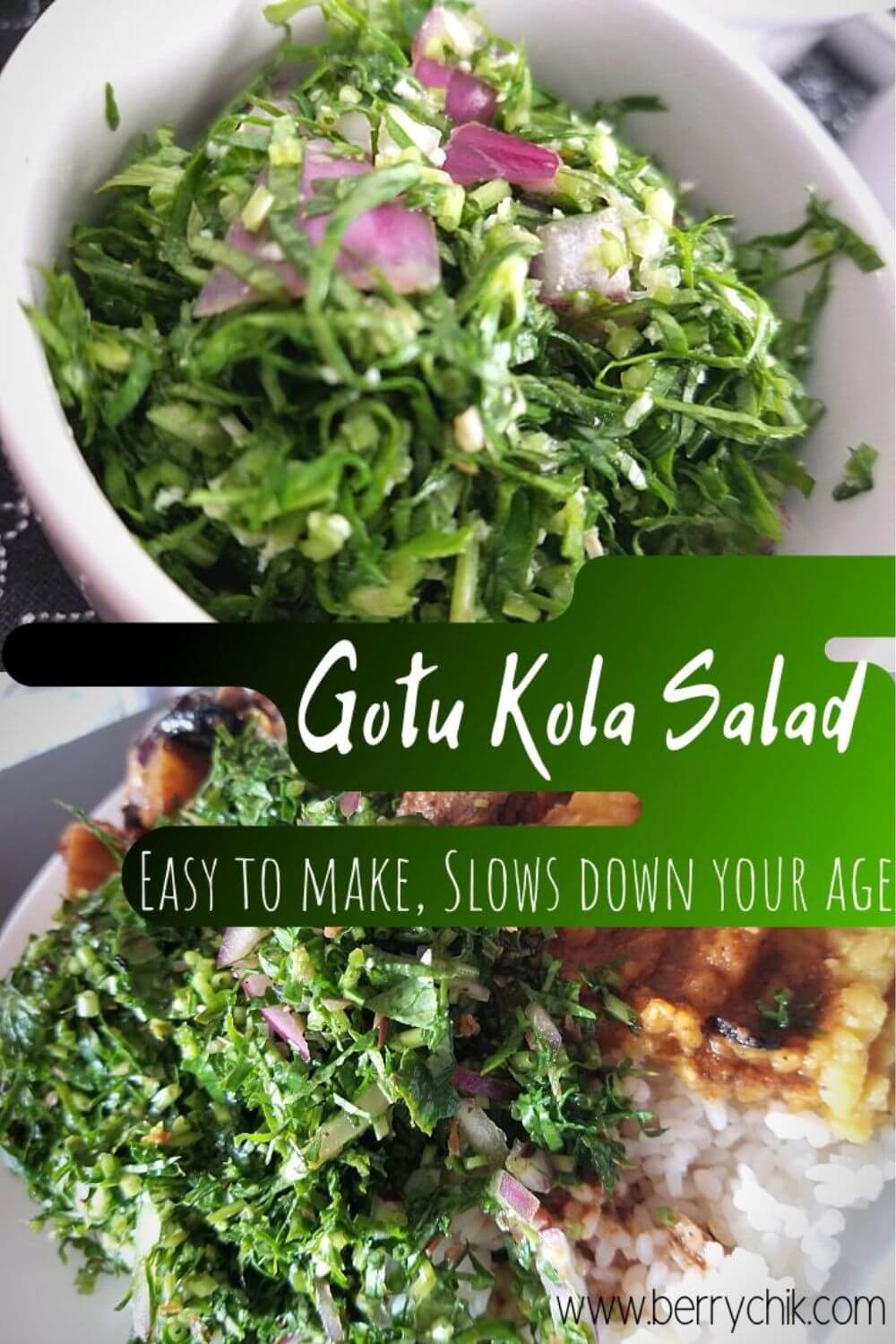 Gotu kola sambal served with rice and curry, bright Sri Lankan supergreen salad for skin health and everyday energy.