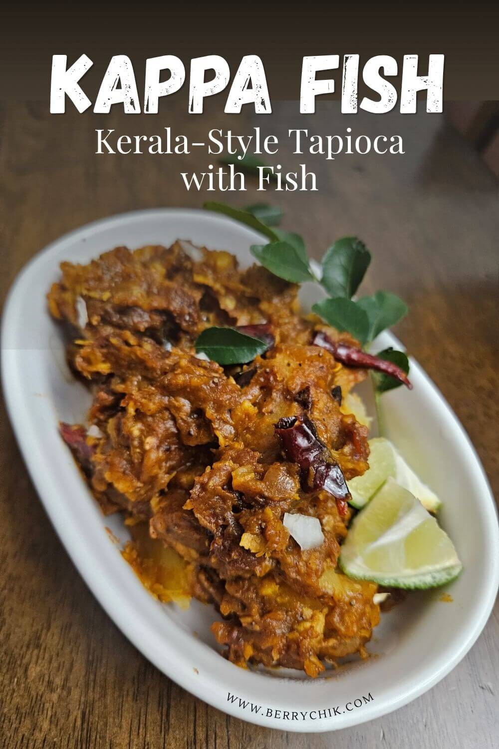Pinterest pin showing Kerala-style Kappa Fish with mashed tapioca and fish masala.