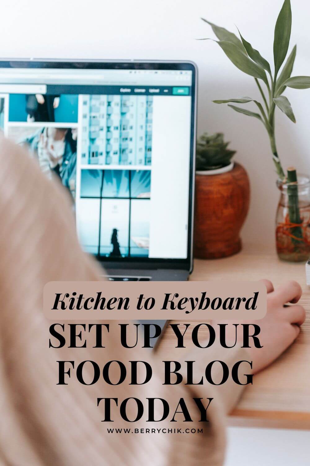Hands typing on laptop while drafting core pages for a new food blog