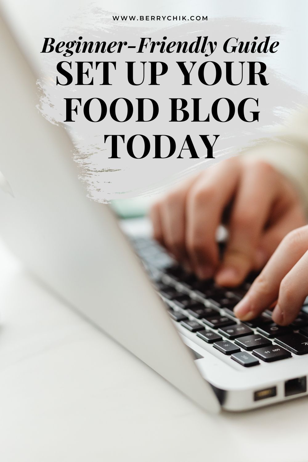 Hands typing on laptop while managing WordPress plugins for a new food blog