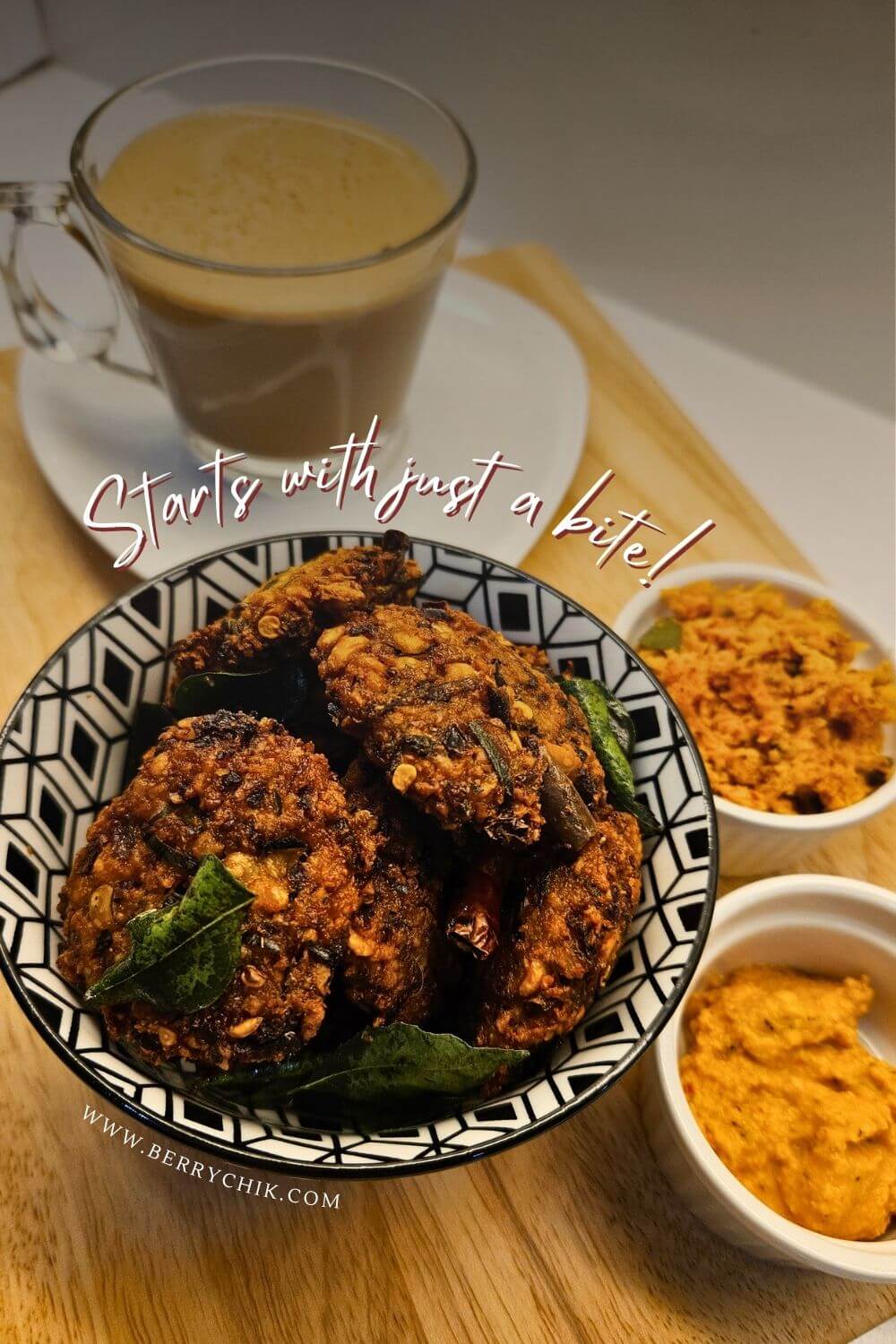 A bowl of golden Sri Lankan parippu vada served with curry leaves and a side of sambol.