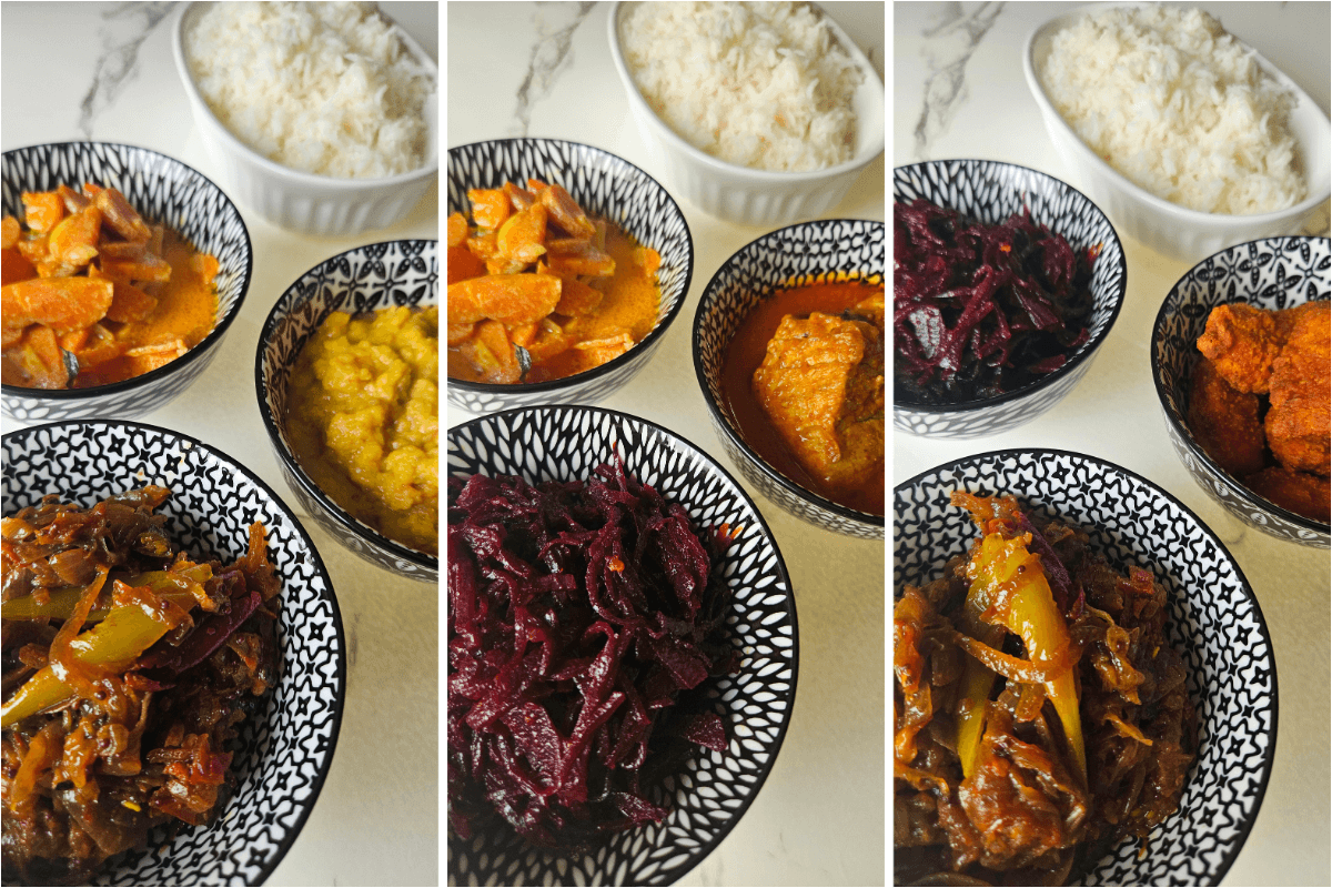 Cook once, eat 3 ways meal examples with rice and colorful Sri Lankan dishes.