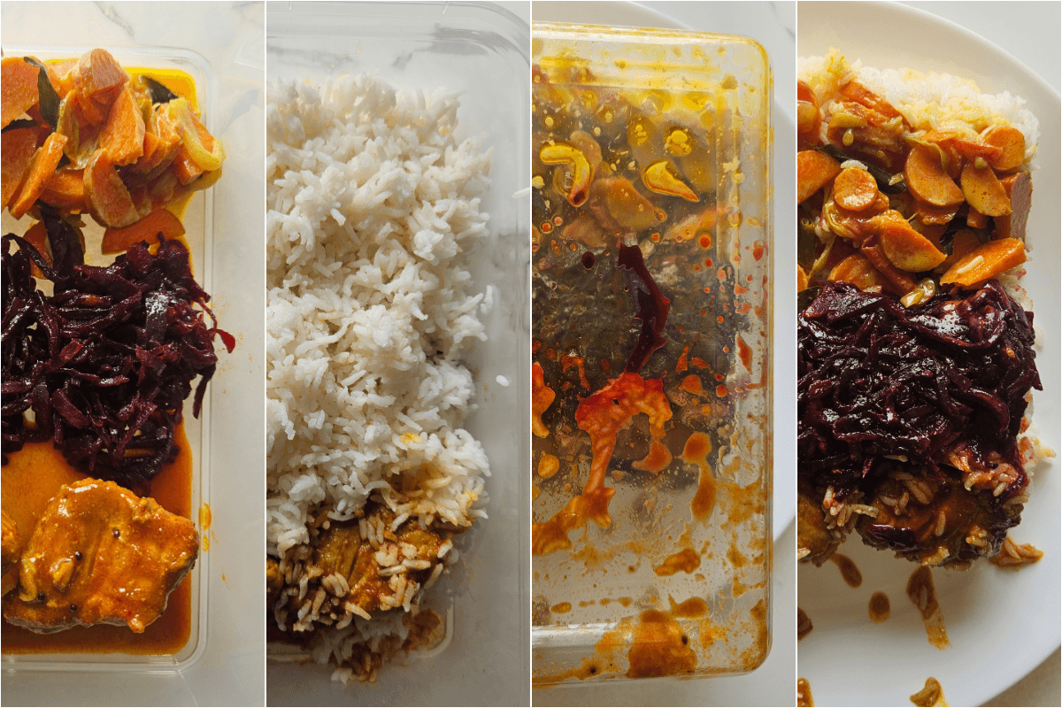Cook once, eat 3 ways meal prep containers with rice and vegetables.
