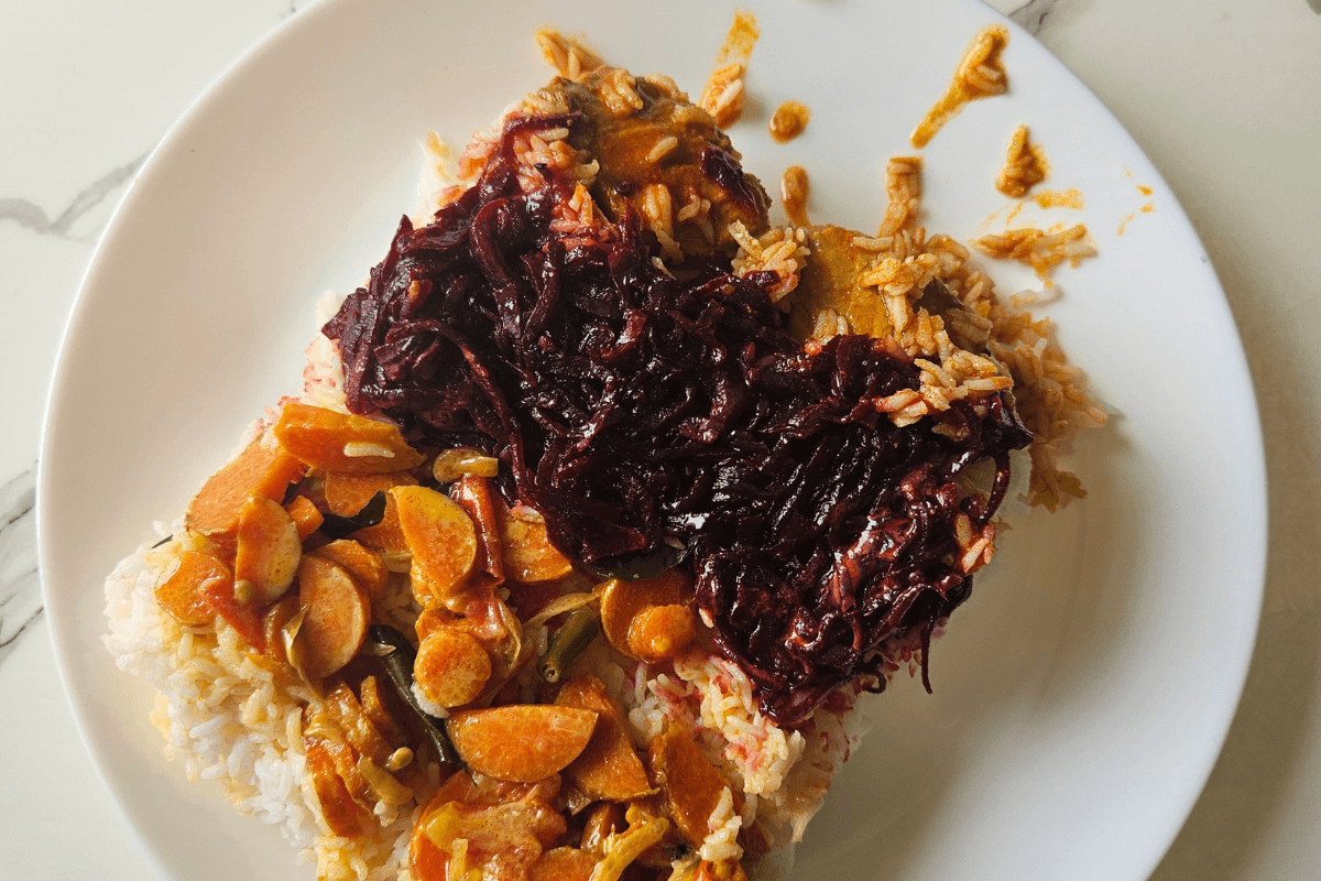 Cook once, eat 3 ways storage tips with rice and vegetable dishes on a plate