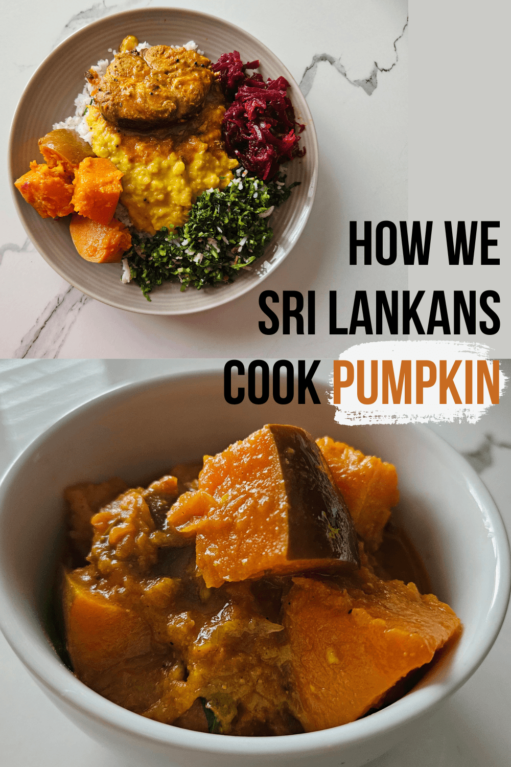 Sri Lankan pumpkin curry served as part of a traditional rice and curry meal with vegetable side dishes and rice.