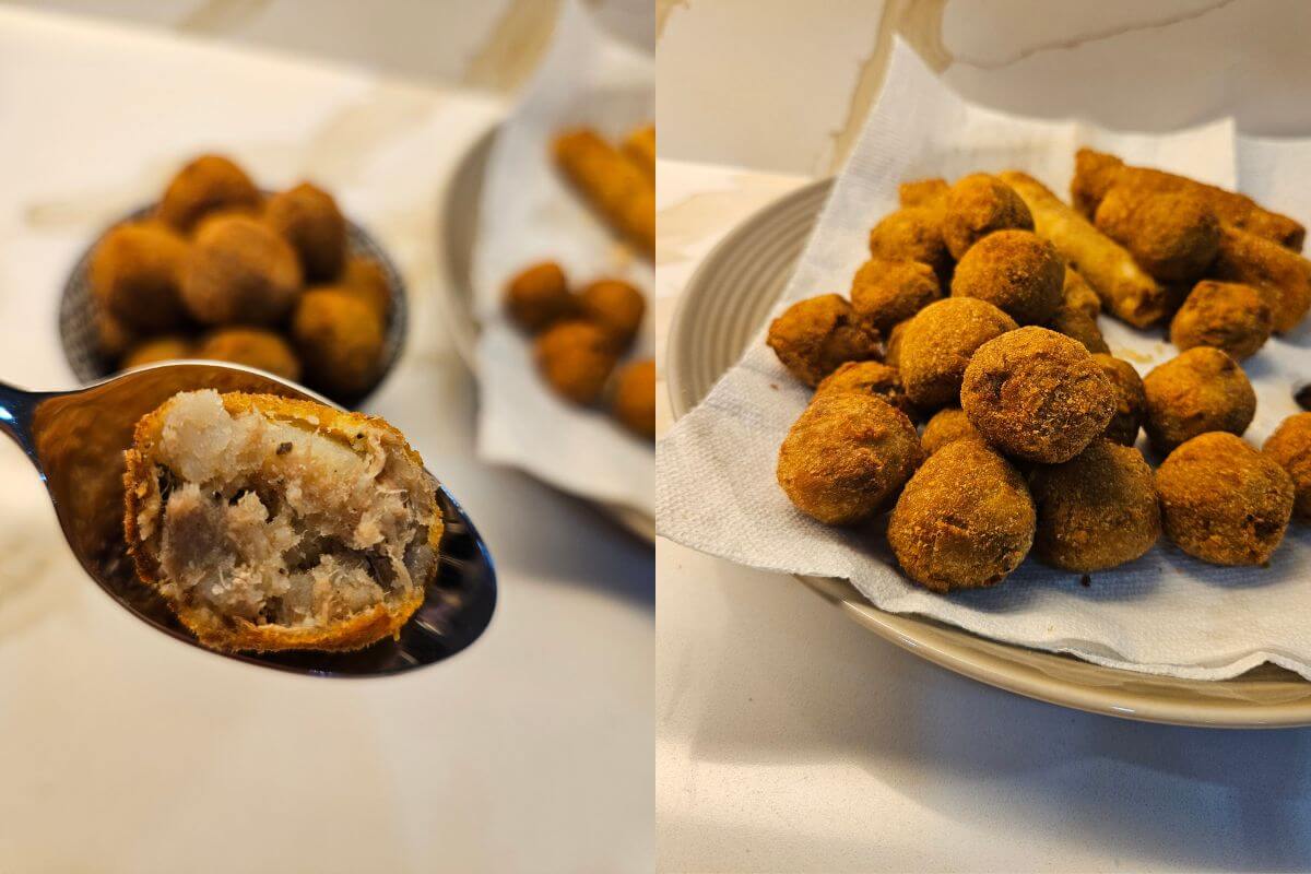 a plate of sri lankan fish cutlet on one side while a broken cutlet on a spoon close-up to show the filling